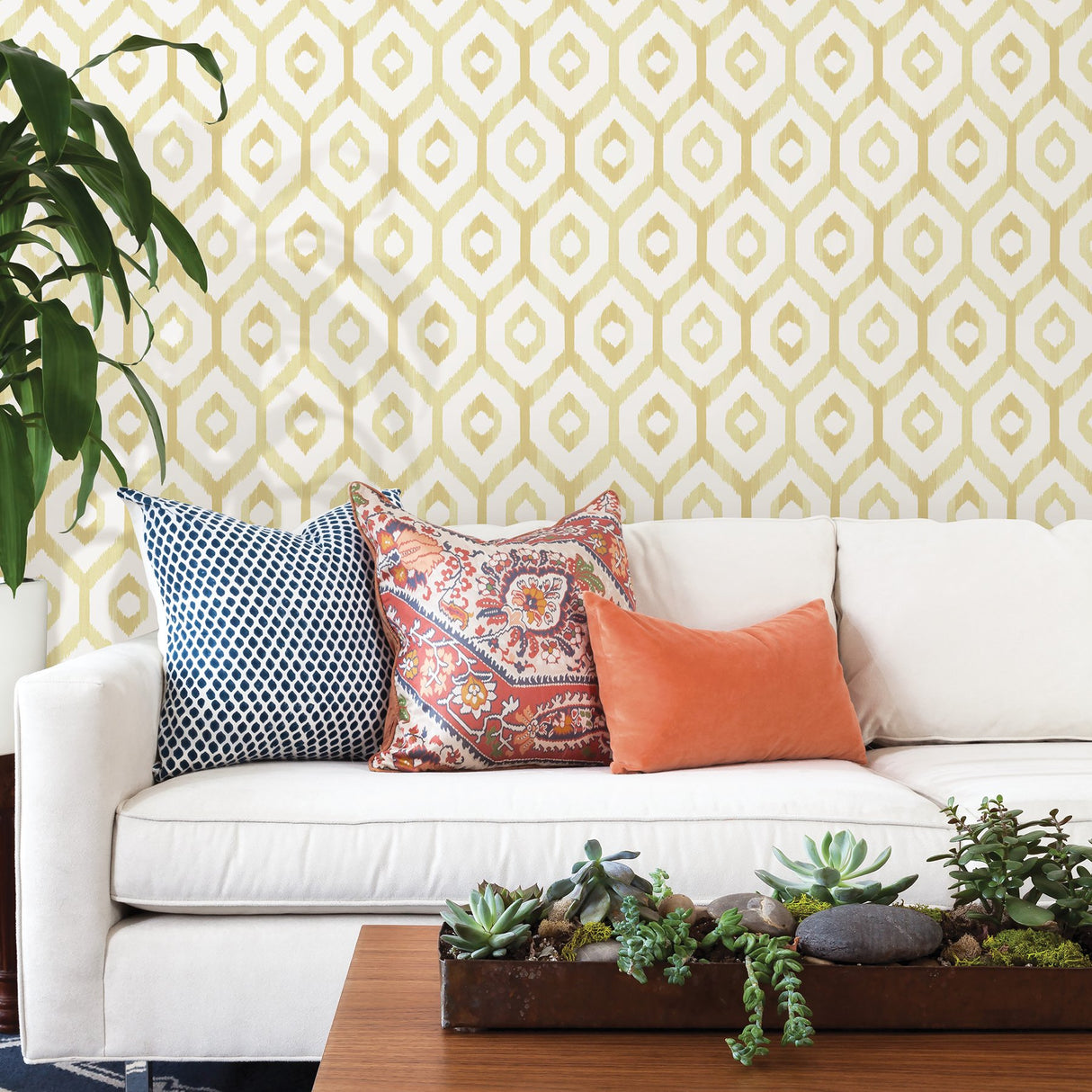 Lucia Yellow Diamond Wallpaper with Modern Ikat Geometric Trellis - A-Street Prints 2744-24141