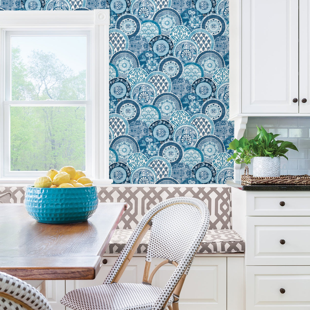 Laguna Blue Plate Wallpaper with Medallion Plate Pattern, Modern Style - A-Street Prints 2744-24148