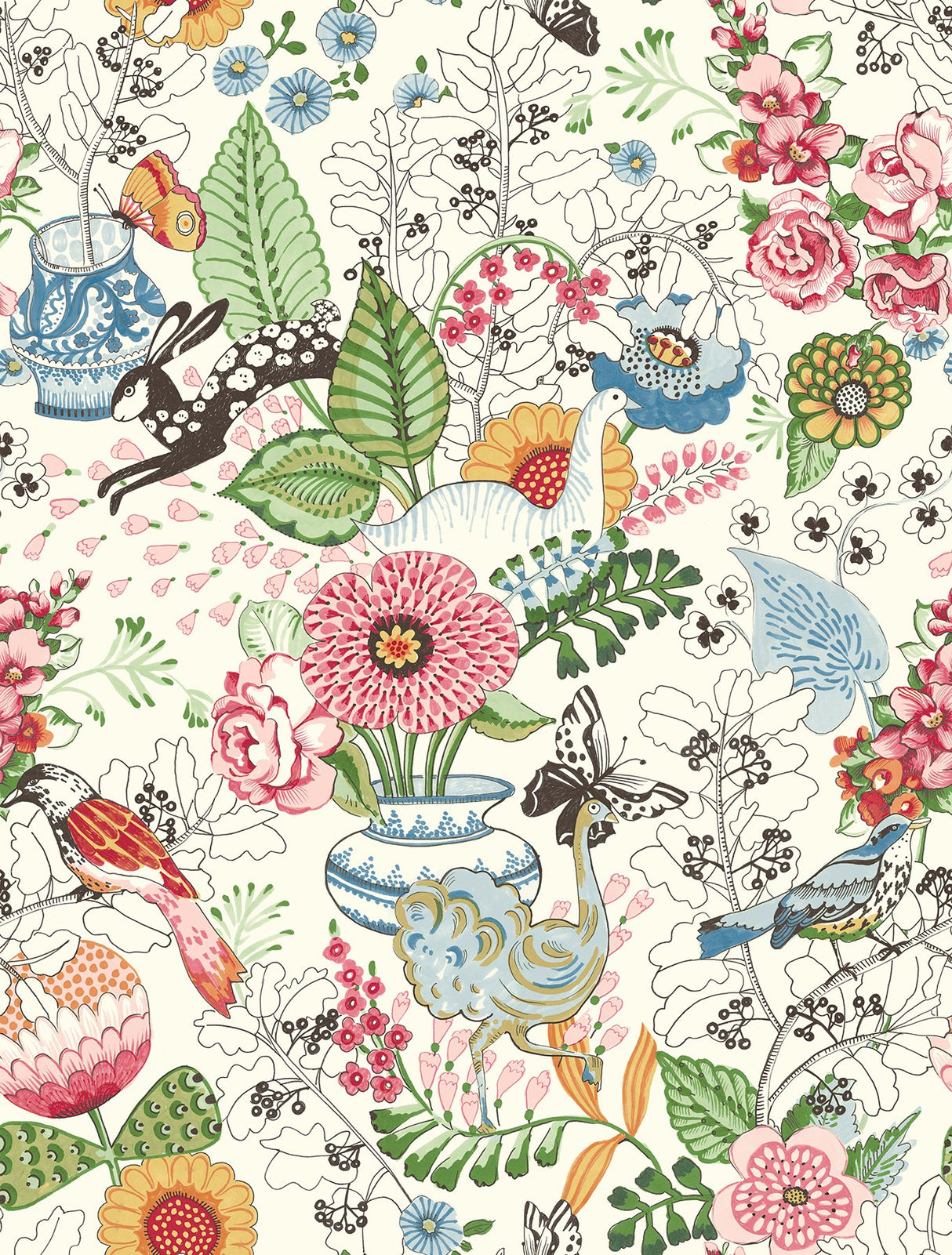 Whimsy Multicolor Fauna Wallpaper with Scandinavian Floral & Animal Pattern - A-Street Prints 2821-12801