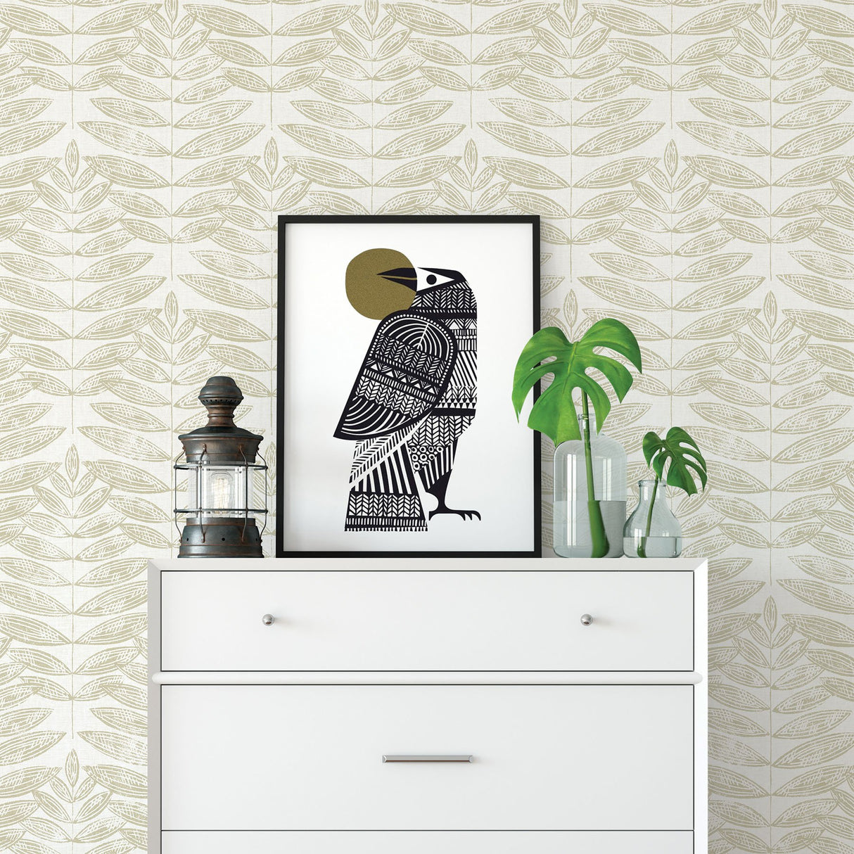 Akira Beige Leaf Wallpaper with Scandinavian Botanical Block Print - A-Street Prints 2821-25100