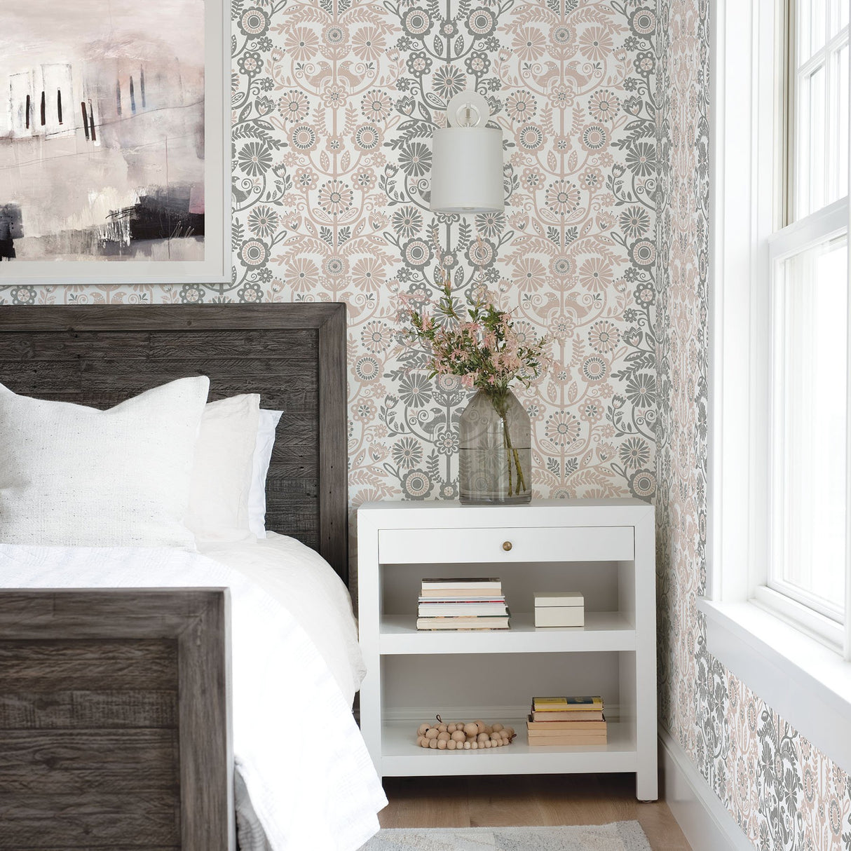 Lovebirds Light Pink Folk Stripe Wallpaper with Scandinavian Floral Stripe Motif - A-Street Prints 2821-25105