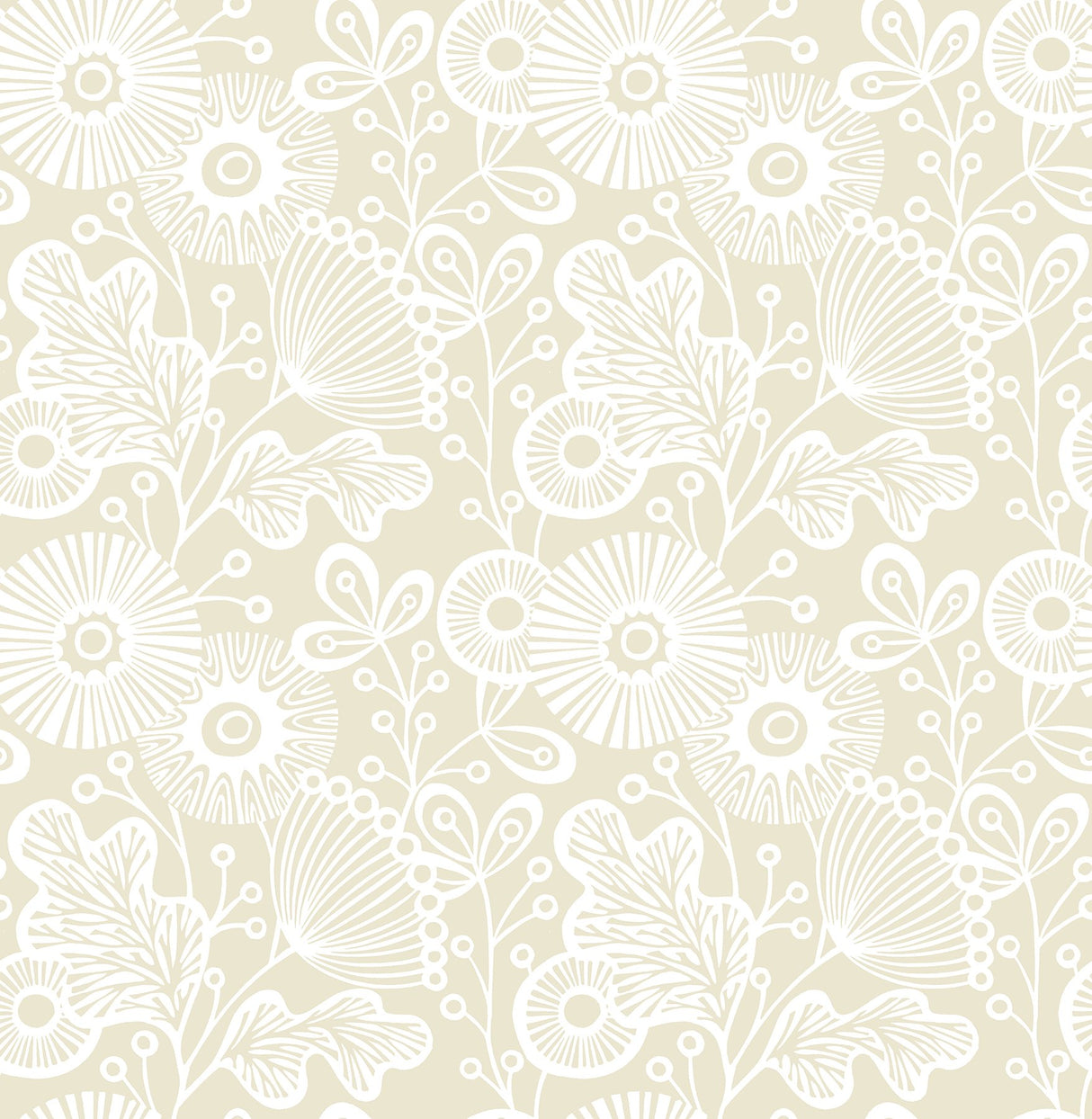 Ana Cream Floral Wallpaper with Scandinavian White Silhouette Florals - Brewster 2821-25108