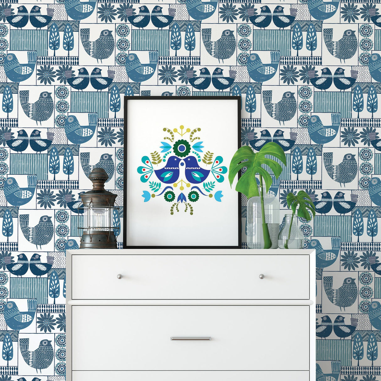 Hennika Blue Patchwork Wallpaper with Scandinavian Folk Bird and Floral Geometric Motif - A-Street Prints 2821-25113