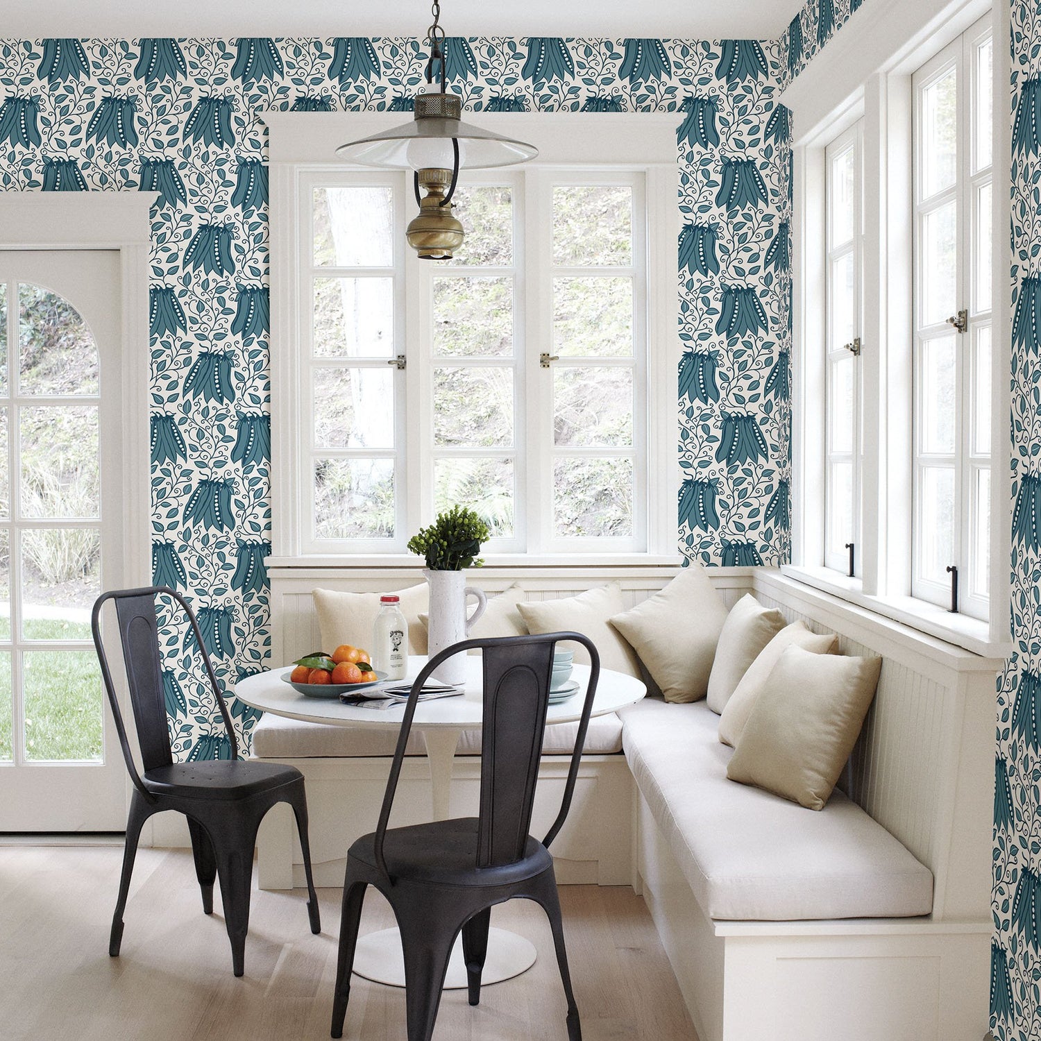 Peas in a Pod Teal Garden Wallpaper with Scandinavian Botanical Fruit Motif - A-Street Prints 2821-25118