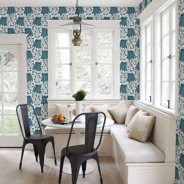 Peas in a Pod Teal Garden Wallpaper with Scandinavian Botanical Fruit Motif - A-Street Prints 2821-25118