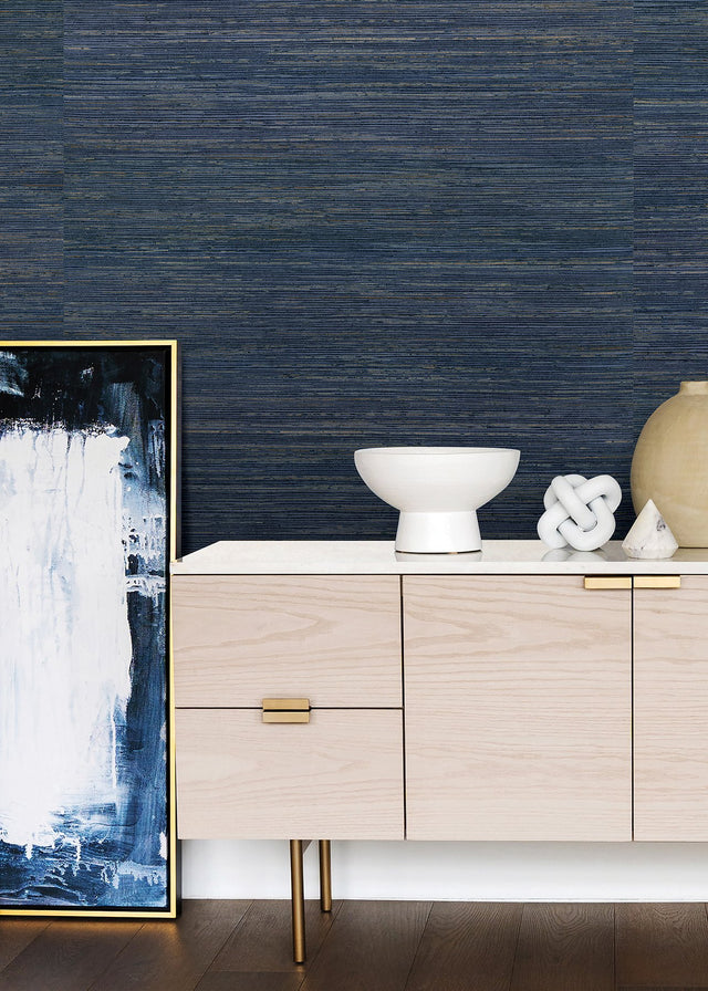 Pattini Indigo Grasscloth Wallpaper with Textured Woven Pattern - A?Street Prints 2829-82042