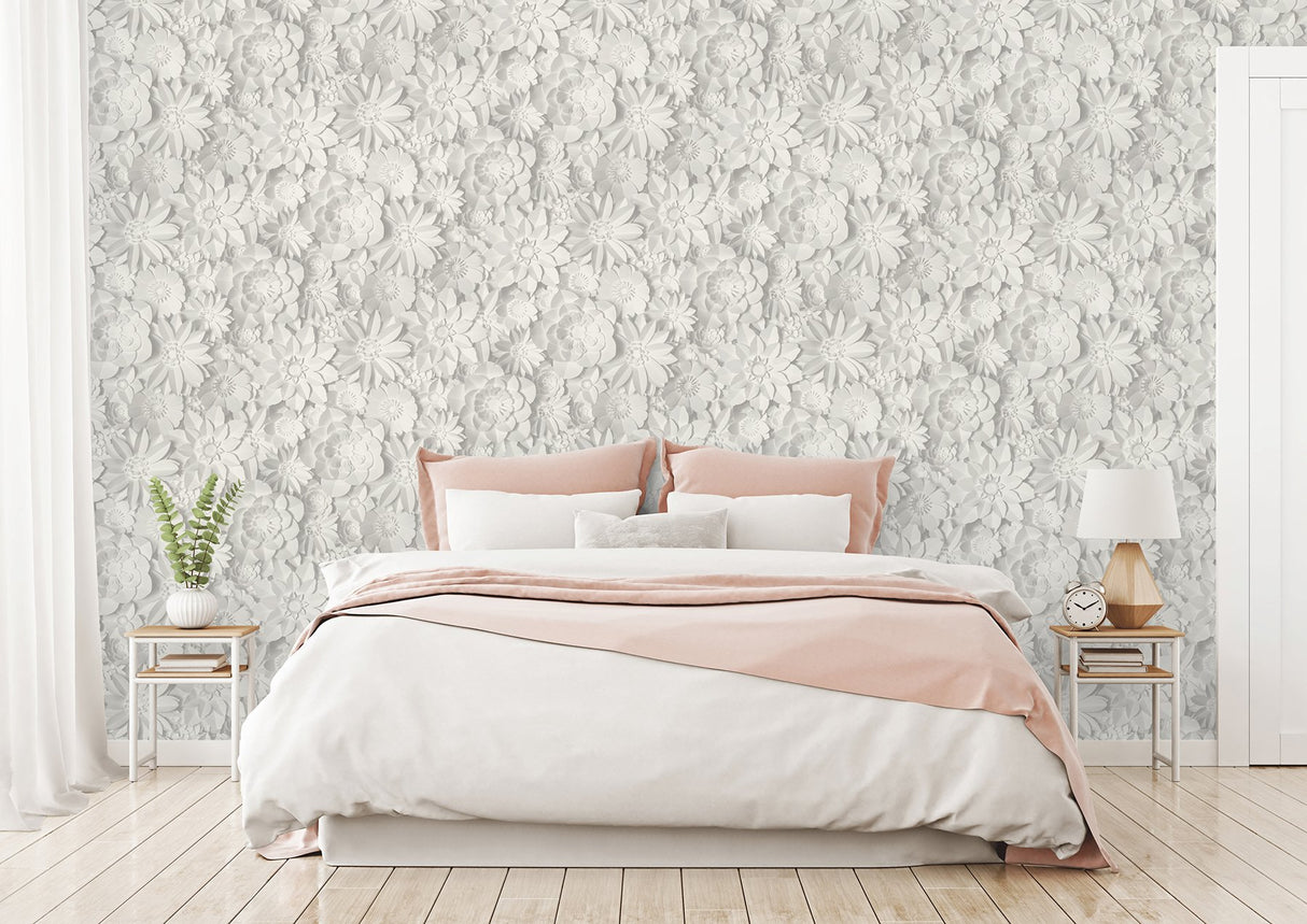 Dacre White Floral Wallpaper with 3D Flower Collage - Fine Decor 2900-42554