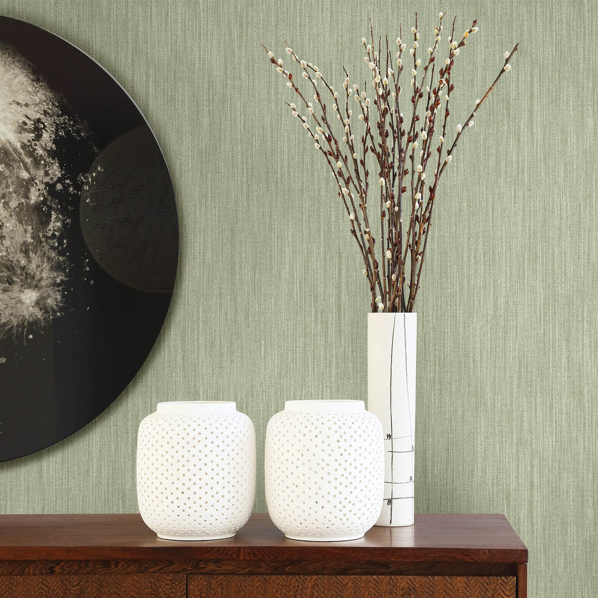 Chenille Sage Faux Linen Wallpaper with Fabric & Woven Texture - A-Street Prints 2903-25282