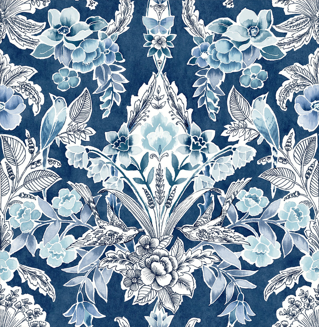 Vera Blue Floral Damask Wallpaper with Botanical Bird Motif - A-Street Prints 2903-25863