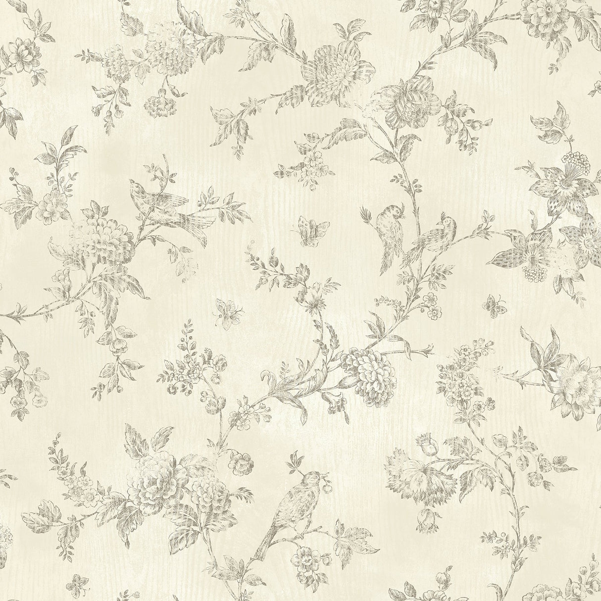 French Nightingale Cream Trail Wallpaper with Botanical Songbird Trails - Brewster 2904-02193