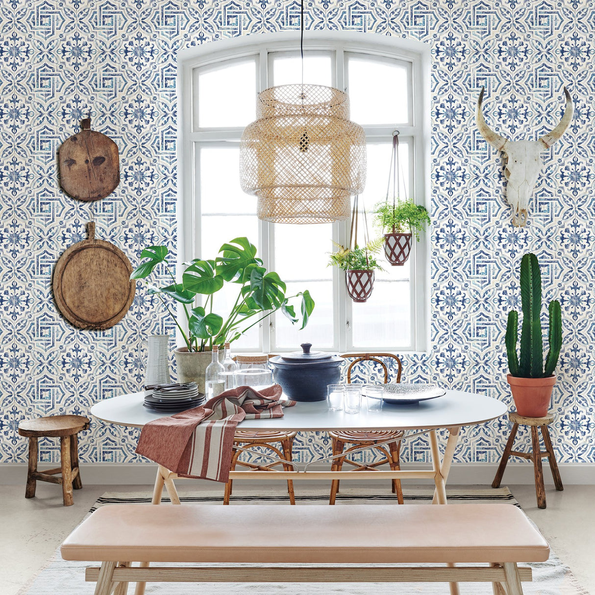 Sonoma Navy Spanish Tile Wallpaper with Global Tiles Motif, Kitchen & Bath - Brewster 2904-12332
