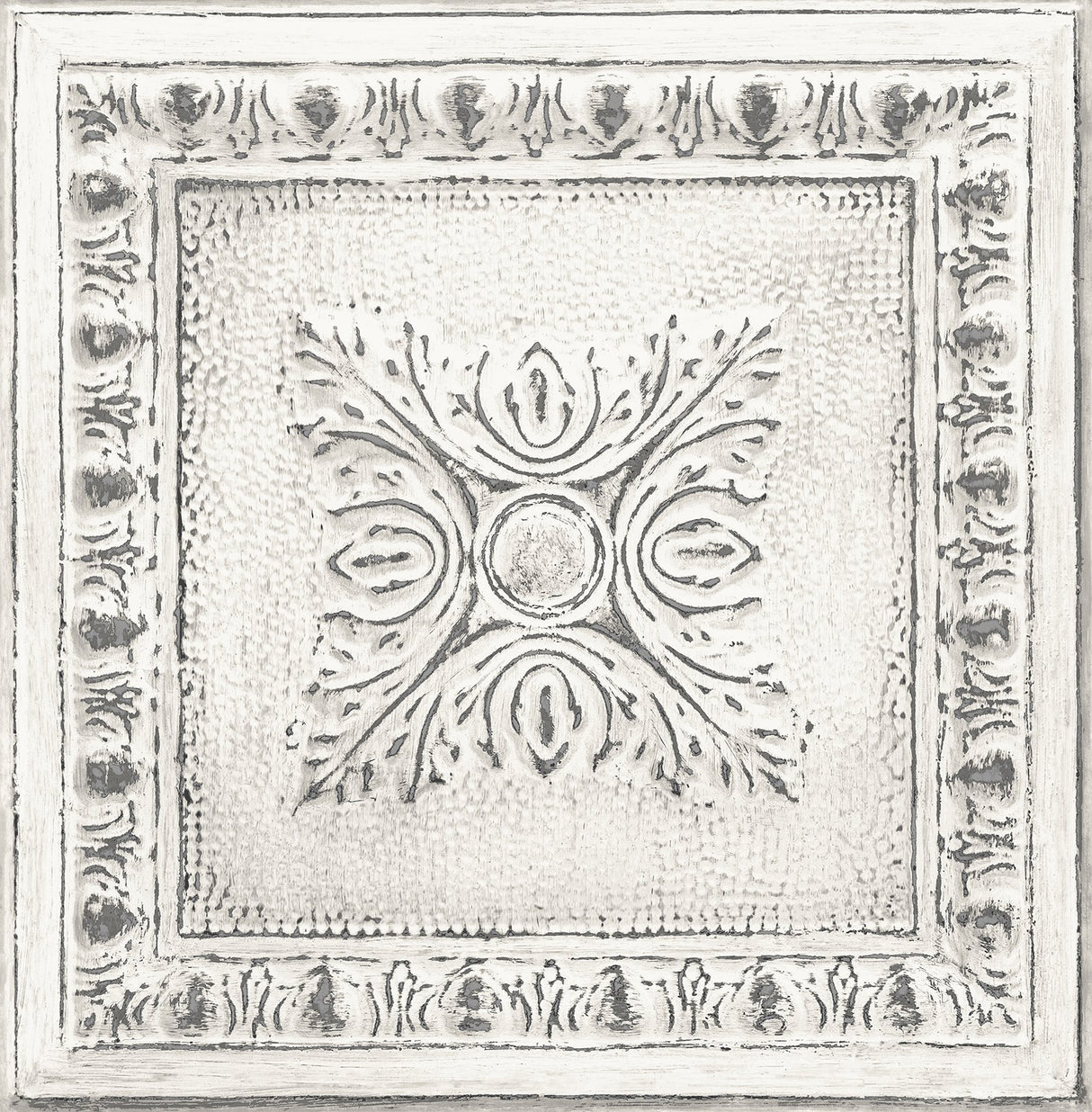 Hazley White Ornament Tin Tile Wallpaper with Faux Hammered Silver Accents - Brewster 2904-24031