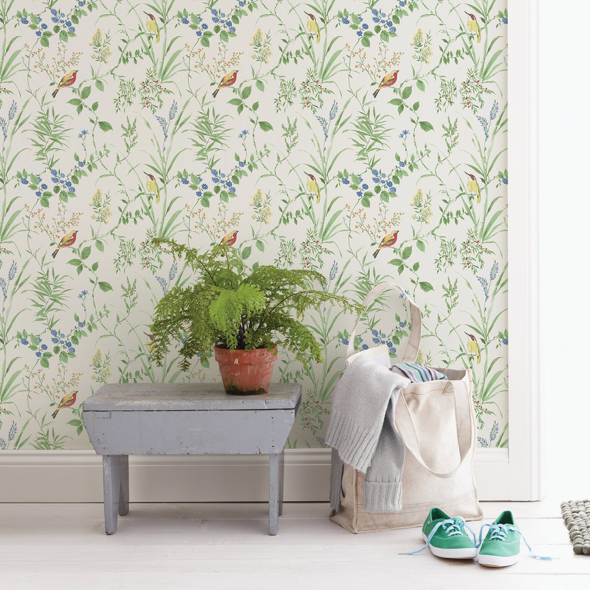 Imperial Garden Green Botanical Wallpaper with Leaves and Songbirds - Brewster 2904-24173