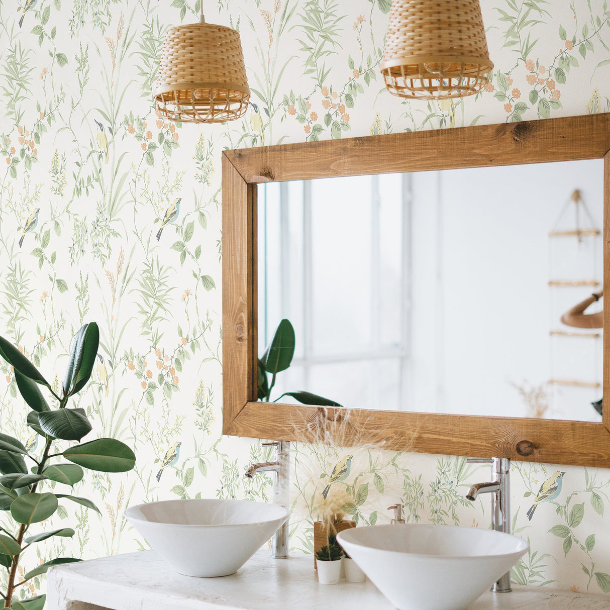 Imperial Garden Sage Botanical Wallpaper with Watercolor Leaves & Songbirds - Brewster 2904-24174