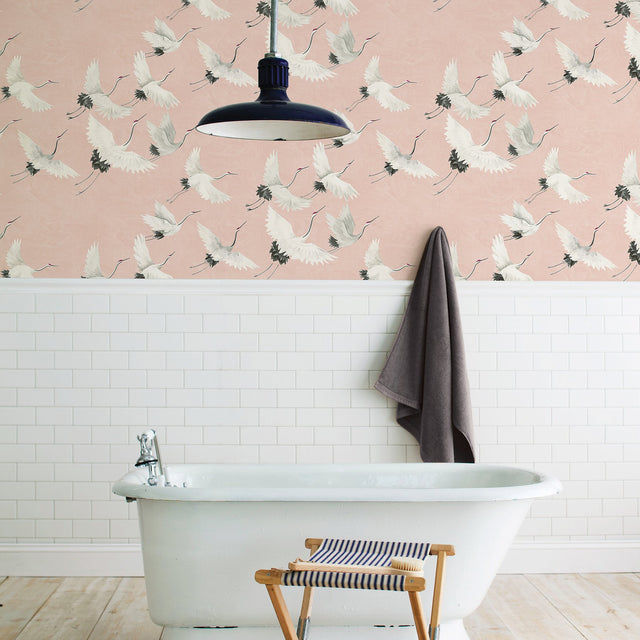 Windsong Pink Bird Wallpaper with Hand-Painted Crane Motif - Brewster 2904-24305