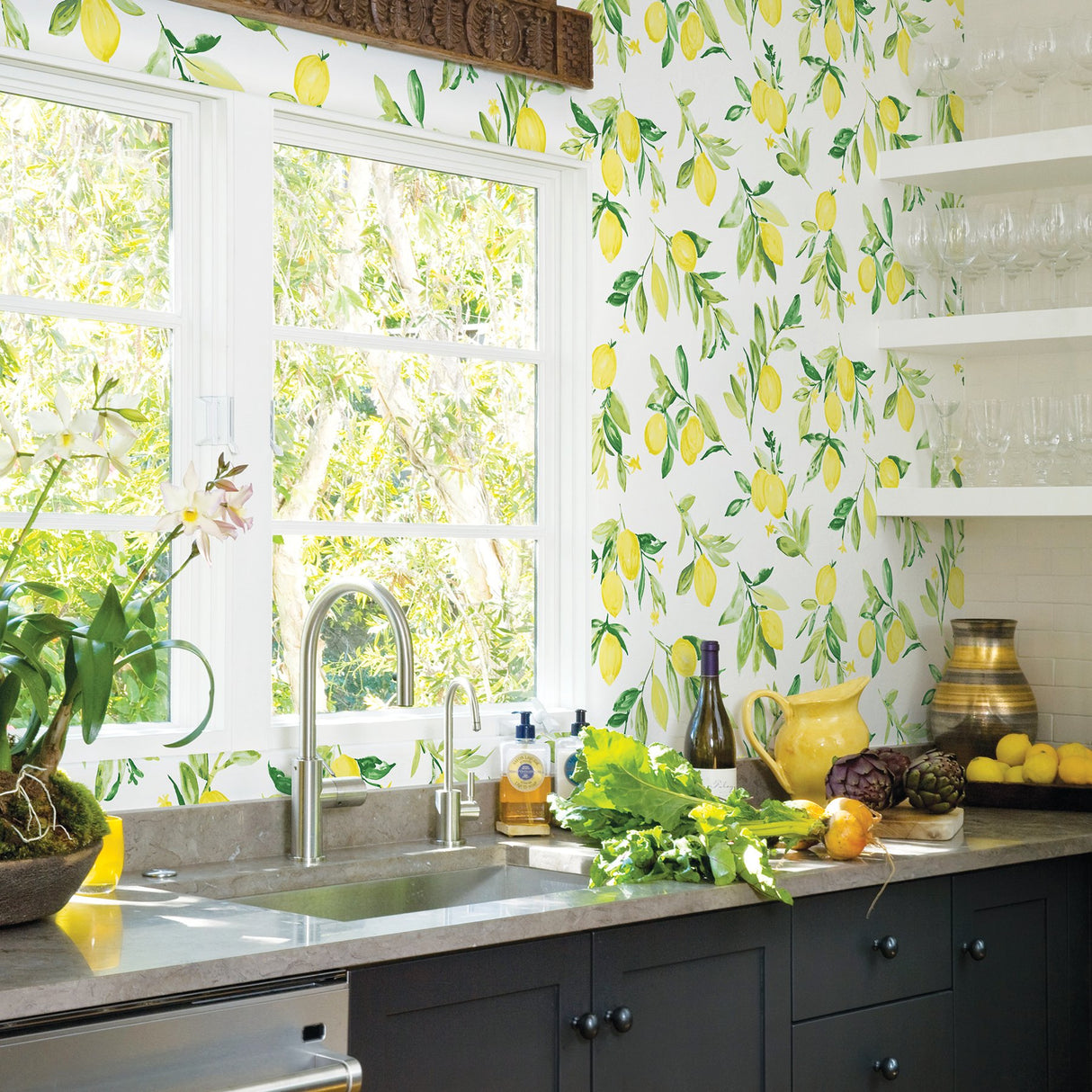 Limon Chartreuse Fruit Wallpaper with Watercolor Lemon Motif - Brewster 2904-25686