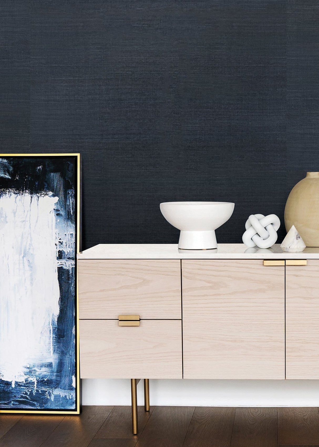 Victoria Indigo Sisal Grasscloth Wallpaper with Fabric & Woven Textures - Brewster 2923-80015