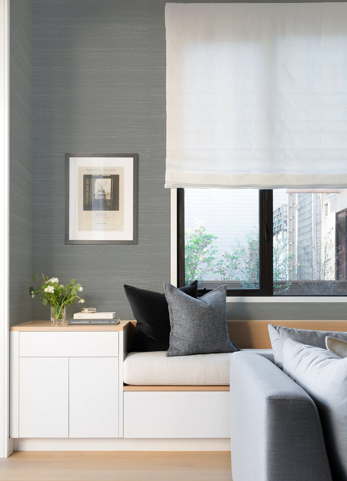 Sakiya Slate Grasscloth Wallpaper with Glam Fabric & Woven Texture - A-Street Prints 2923-86138