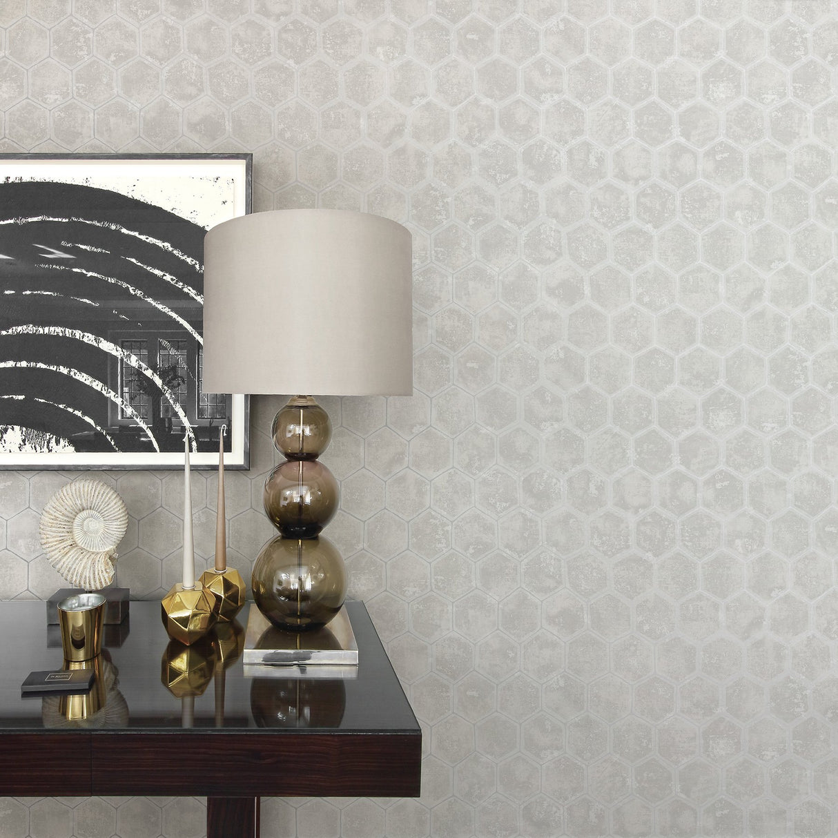 Starling Silver Honeycomb Wallpaper with Metallic Geometric Motif - Brewster 2927-00406