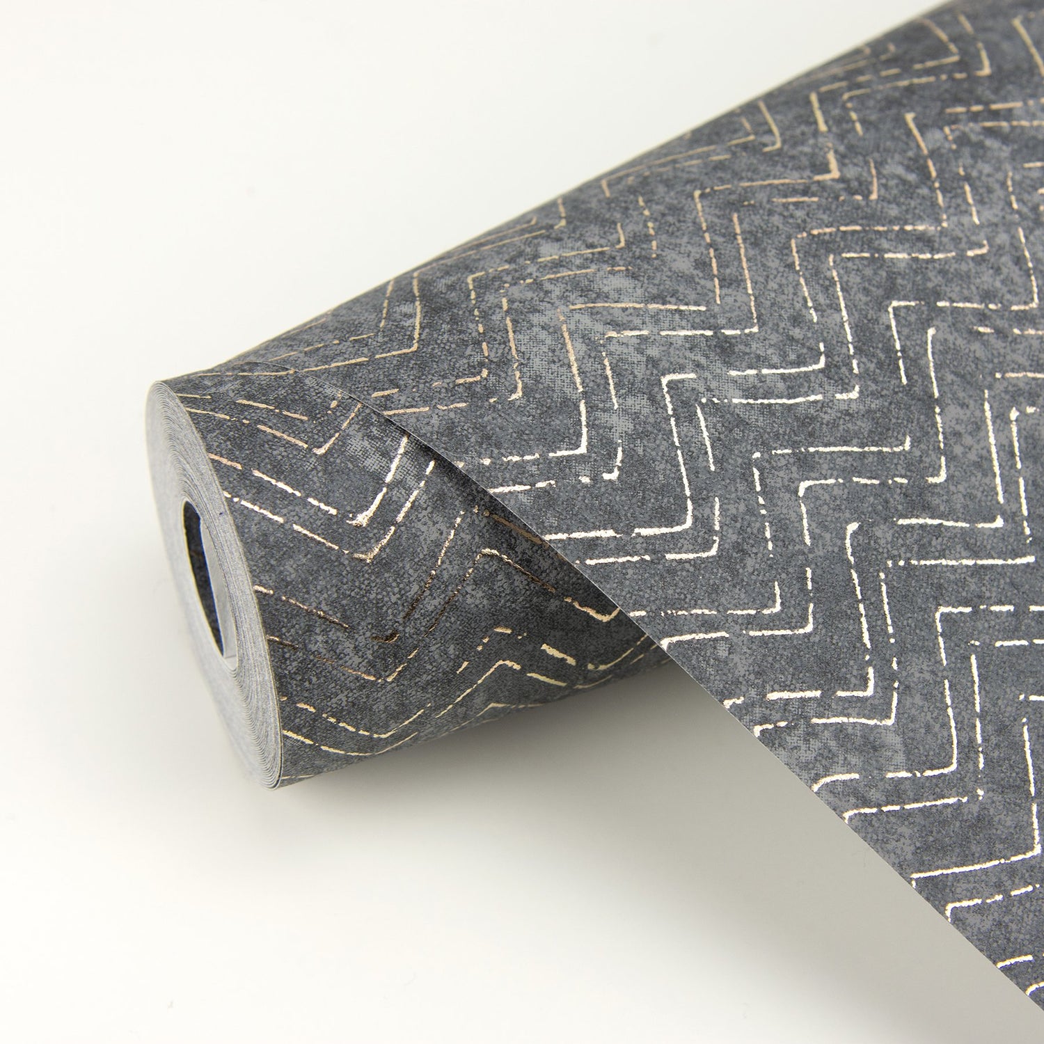 Luna Charcoal Distressed Chevron Wallpaper with Metallic Rose Gold Accents - Brewster 2927-00601