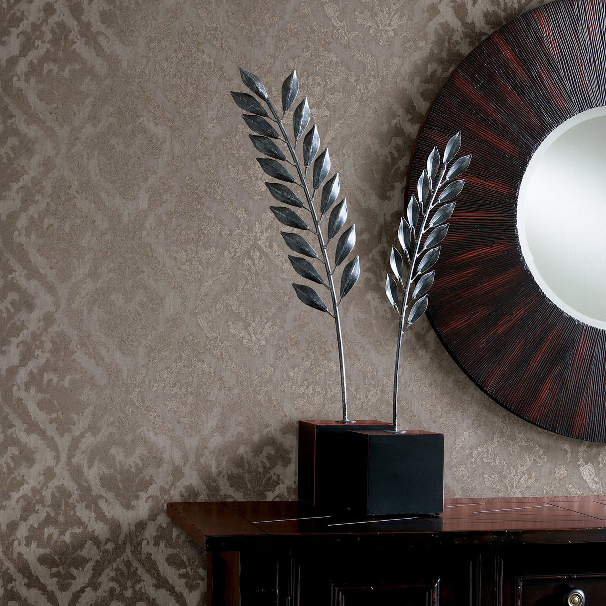 Lyra Bronze Damask Wallpaper with Metallic Glam Abstract Pattern - Brewster 2927-20102
