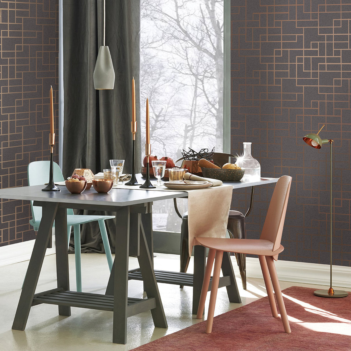 Mason Dark Grey Geometric Wallpaper with Metallic Rose Gold Abstract Geometrics - Brewster 2927-42492