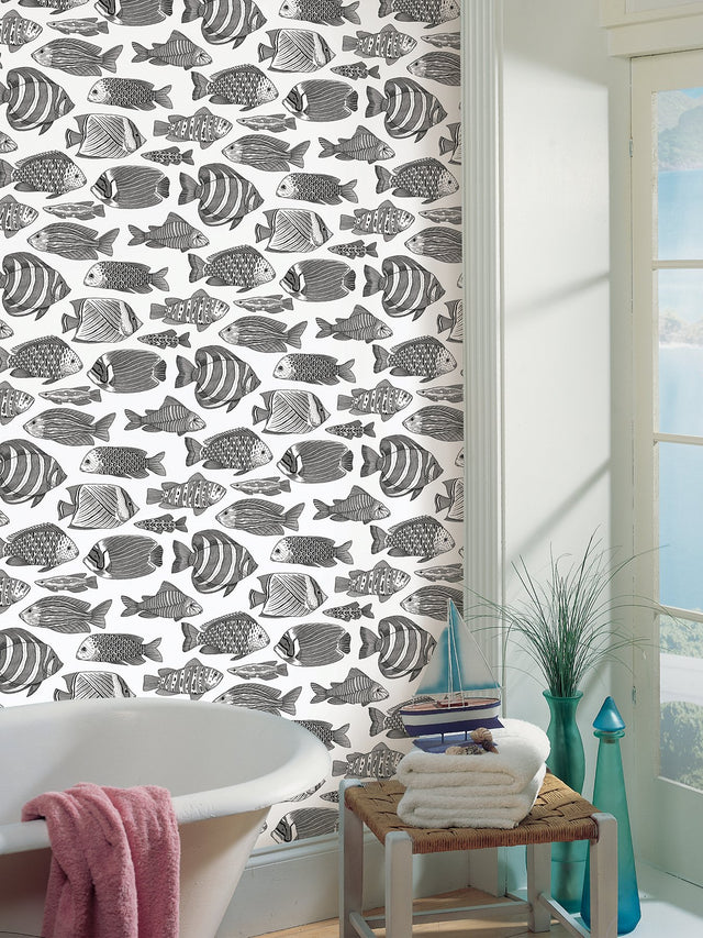 Wailea Black Tropical School Black Wallpaper with Coastal Tropical Fish Pattern - A-Street Prints 2927-80200