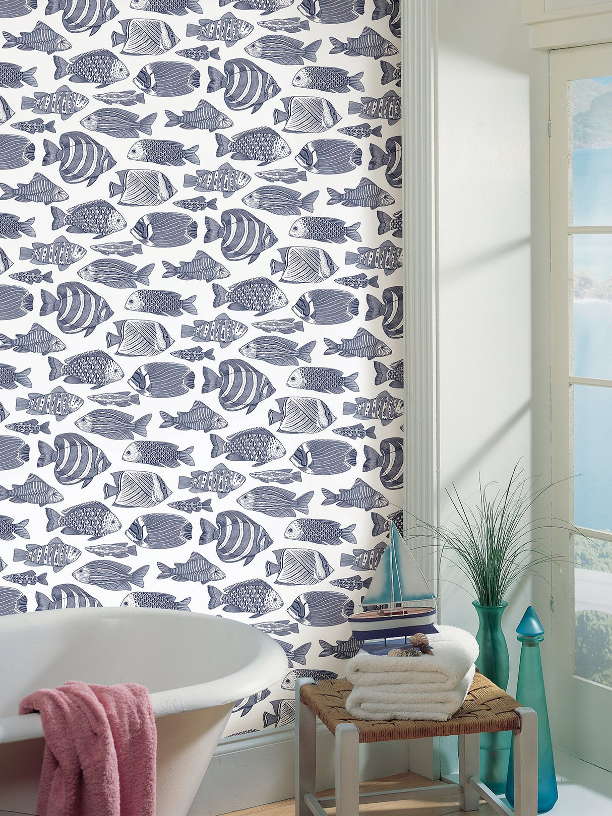 Wailea Indigo Tropical School Coastal Wallpaper with Blue Fish Pattern - A-Street Prints 2927-80202