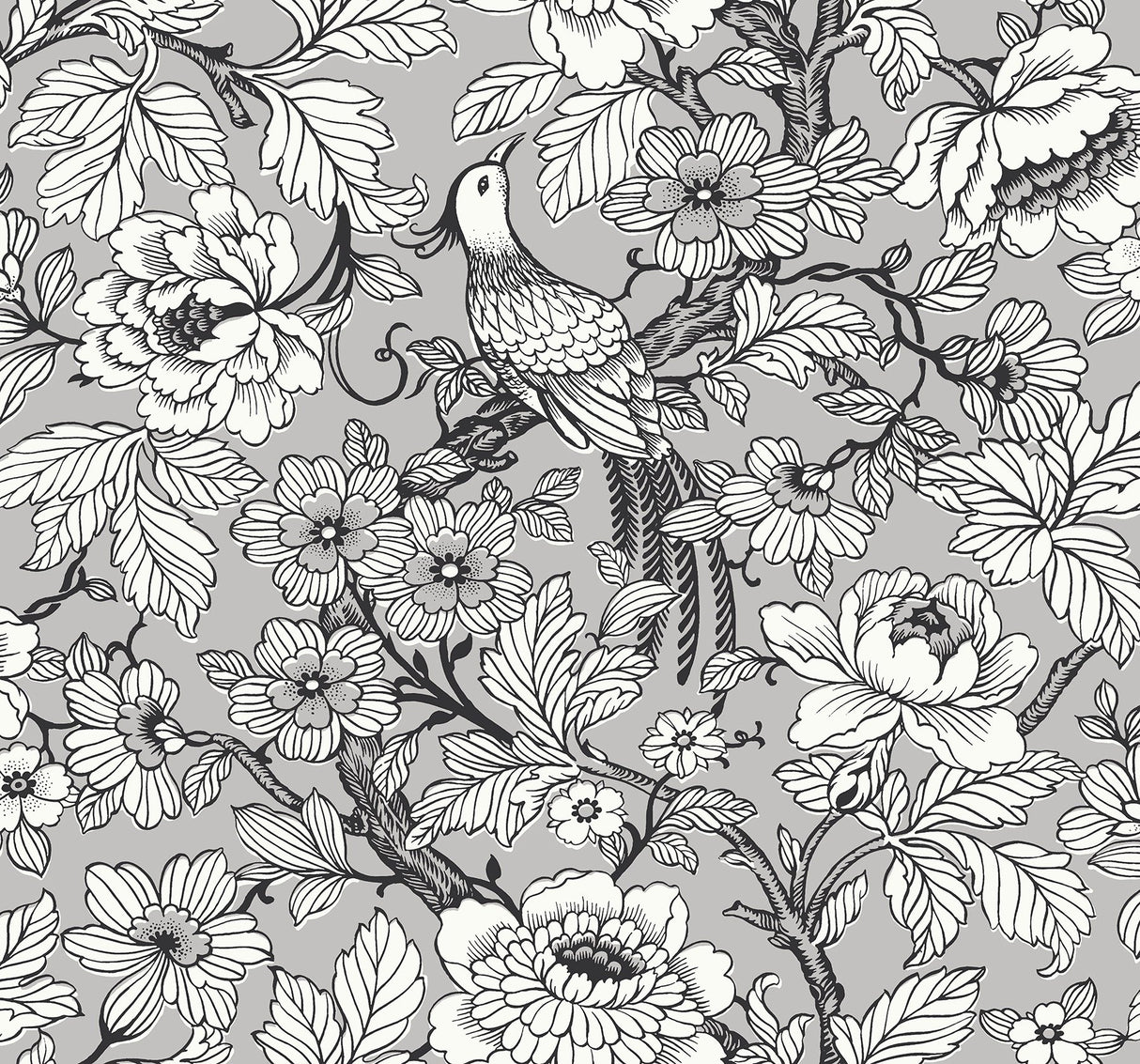 Beaufort Silver Peony Chinoiserie Wallpaper with Glam Bird and Floral Pattern - A?Street Prints 2927-80407