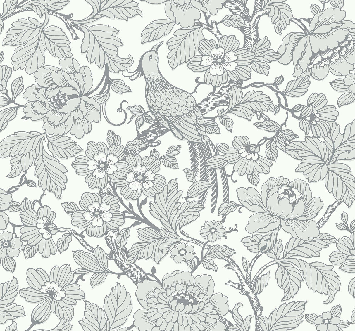 Beaufort Light Grey Peony Chinoiserie Wallpaper with Glam Floral Bird Pattern - A-Street Prints 2927-80408