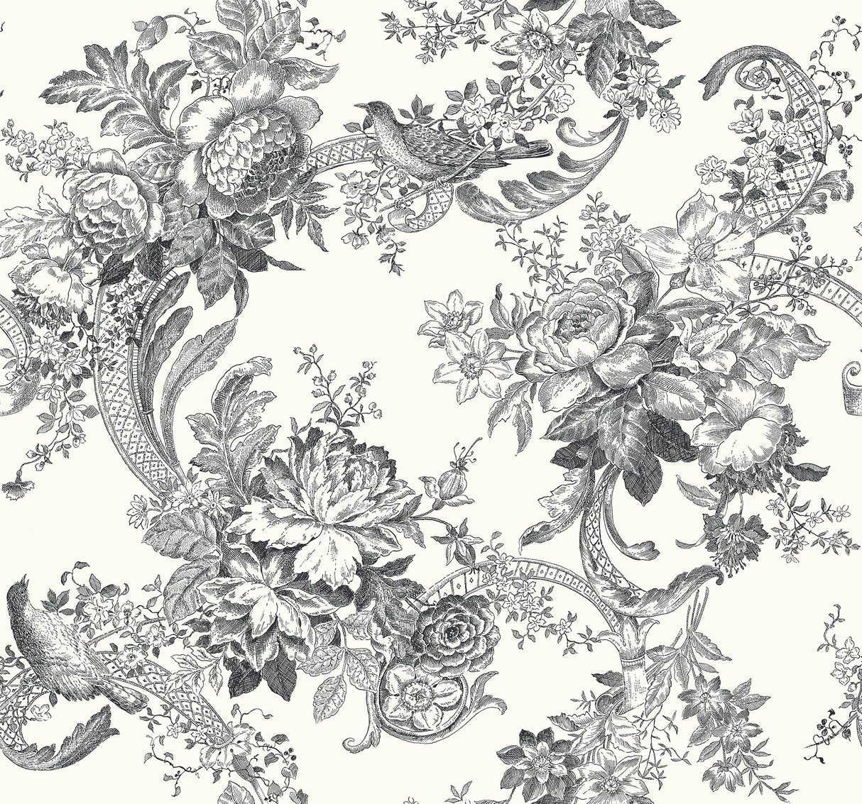 Carmel Black Baroque Florals Wallpaper with Farmhouse Flowers Motif - A-Street Prints 2927-81600