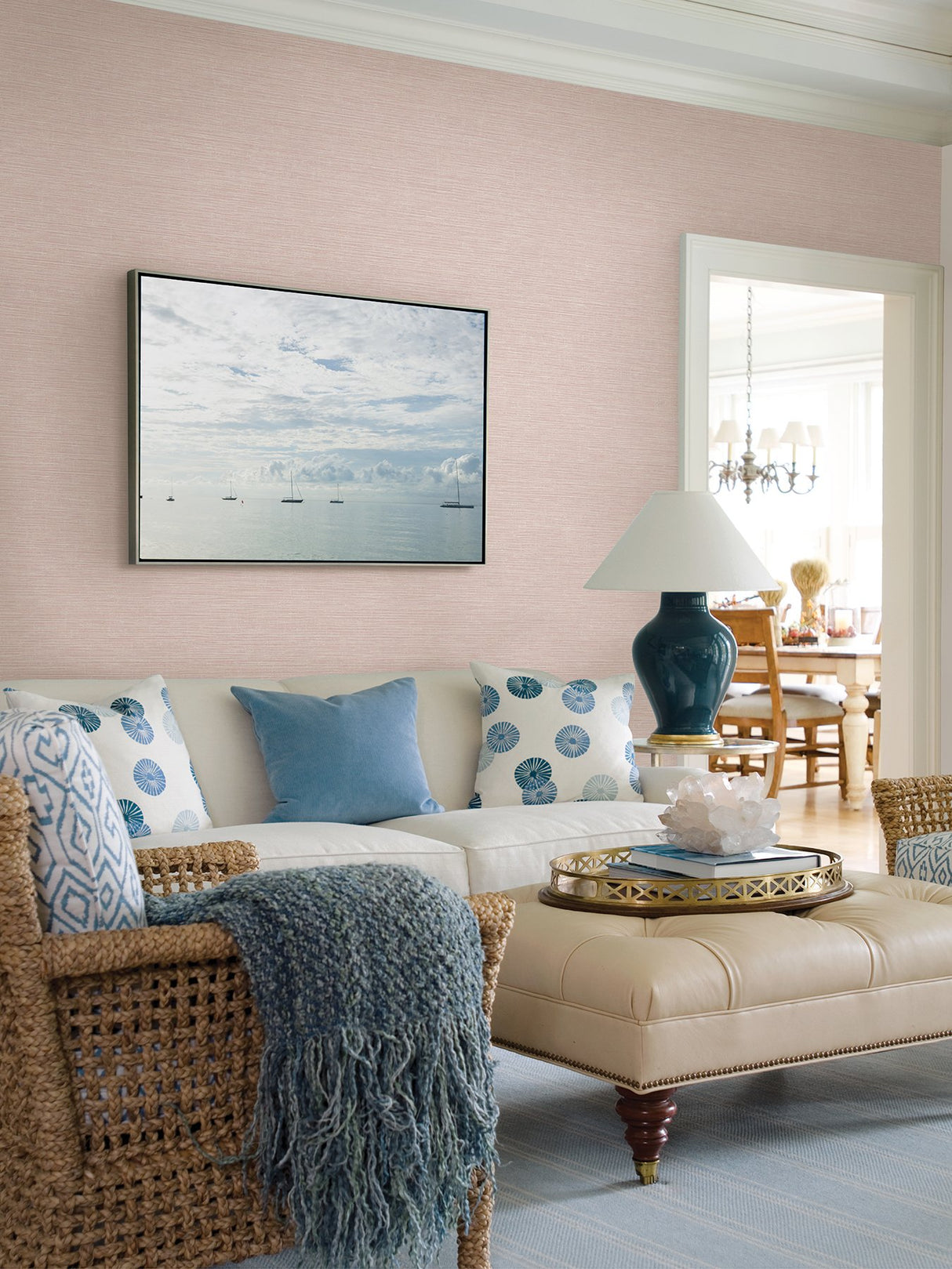 Tiverton Blush Faux Grasscloth Wallpaper with Coastal Graphics Motif - A-Street Prints 2927-81701