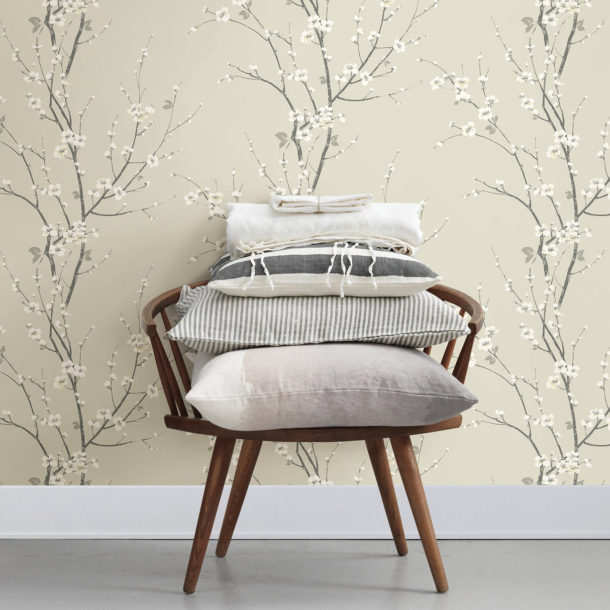 Monterey Ivory Floral Branch Wallpaper with Coastal Botanical Flowers Pattern - Brewster 2927-81805