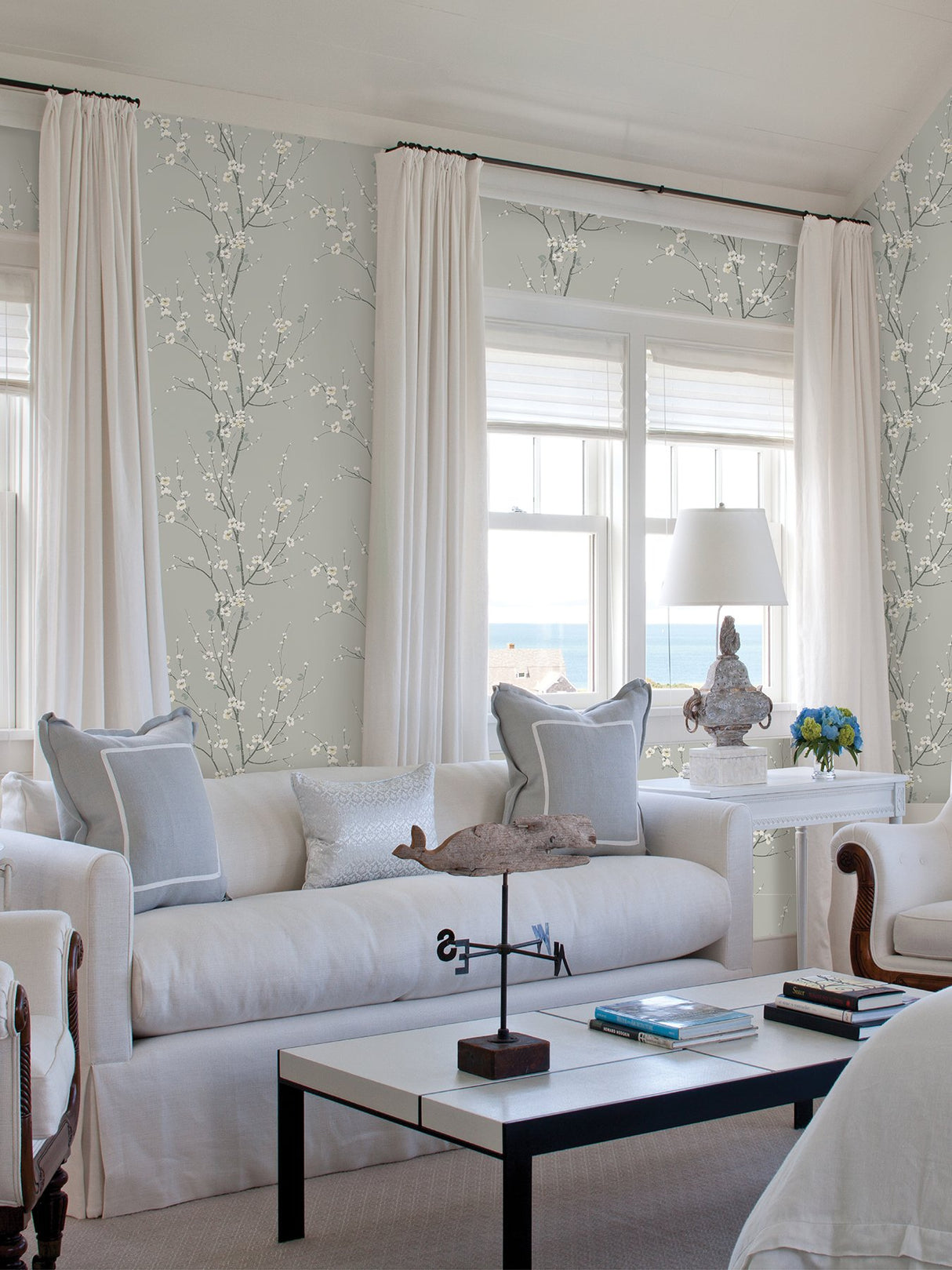 Monterey Silver Mist Floral Branch Wallpaper with Coastal Botanical Motif - A-Street Prints 2927-81808