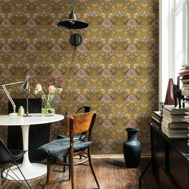 Celestine Mustard Floral Wallpaper with Botanical Flowers Motif, Scandinavian Style - A-Street Prints 2948-28016