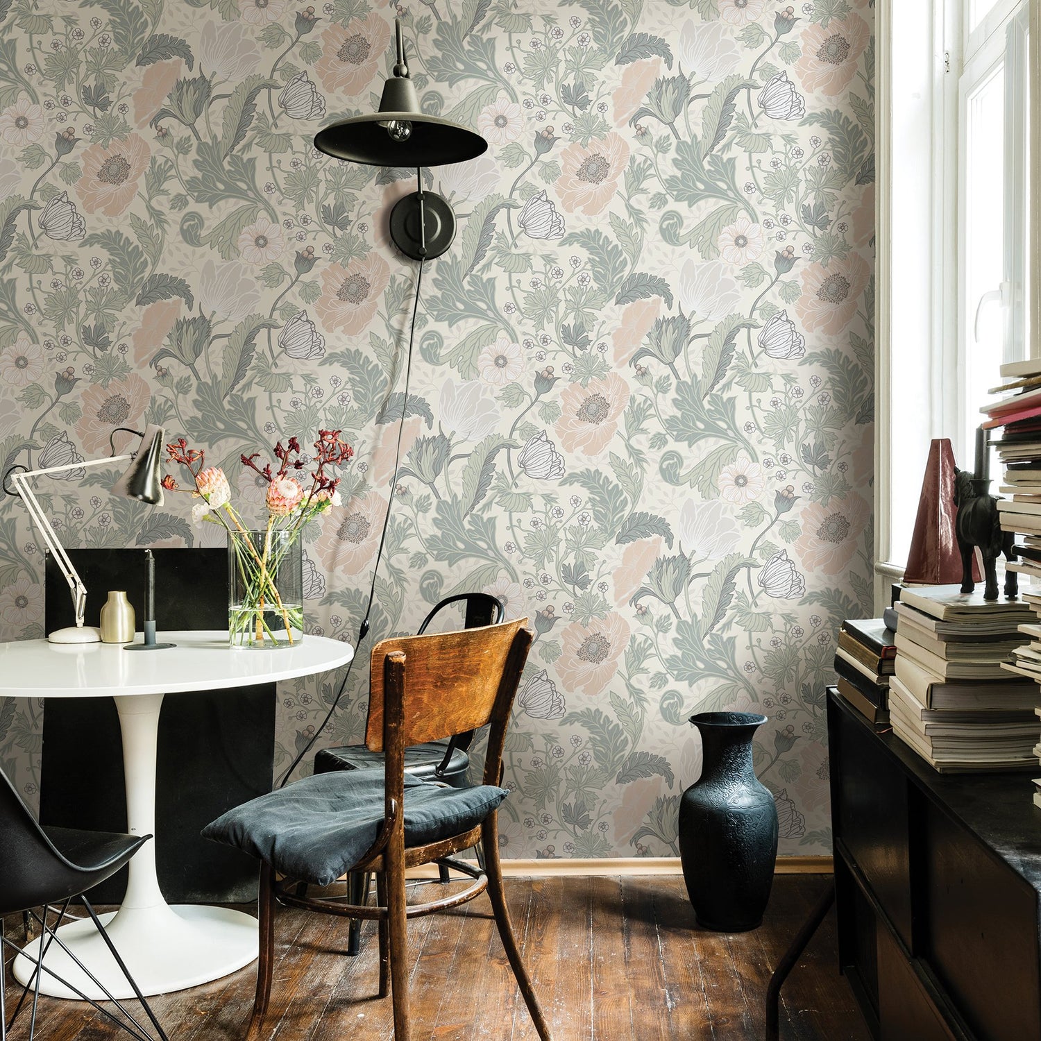 Anemone Light Grey Floral Wallpaper with Scandinavian Botanical Flowers - A-Street Prints 2948-33000