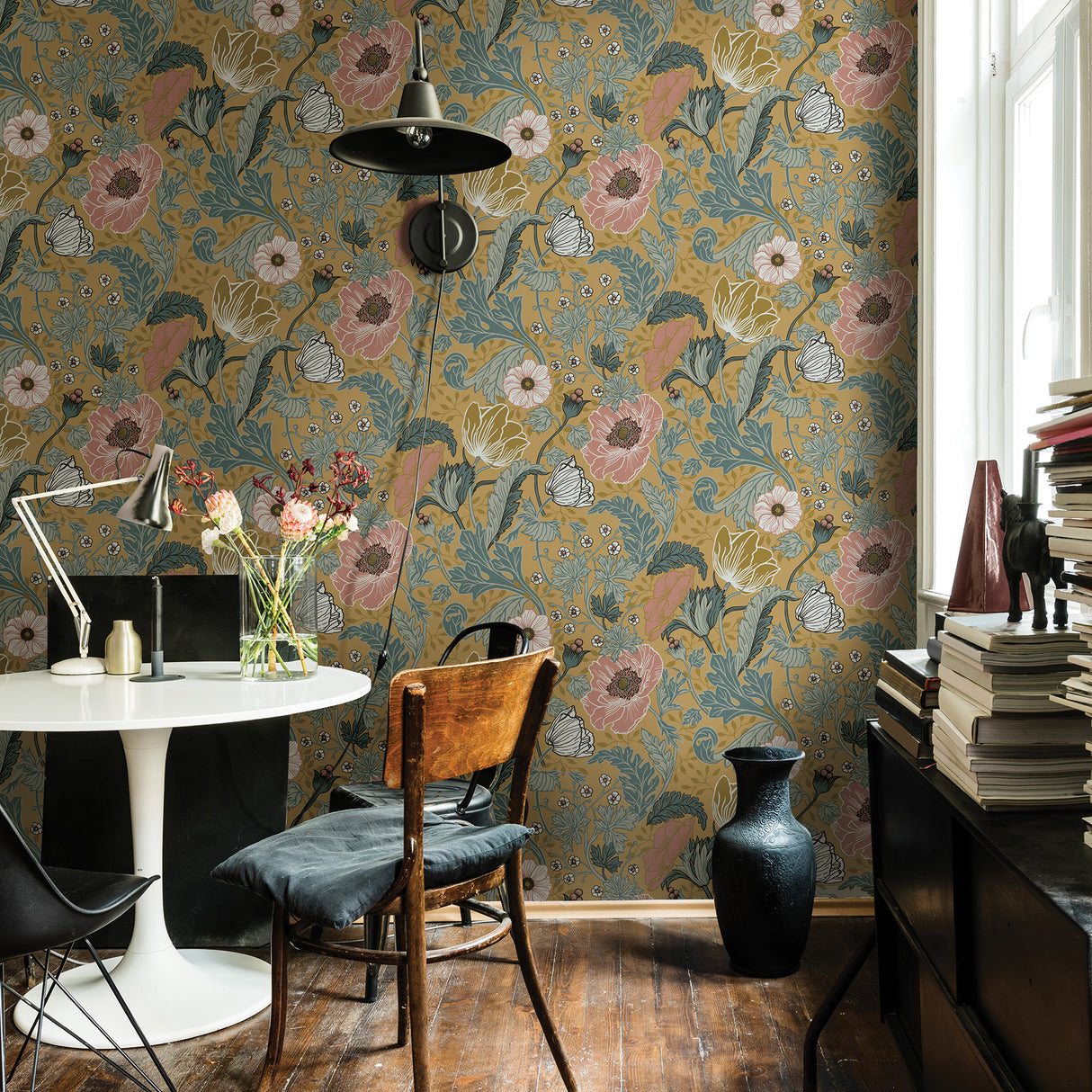 Anemone Mustard Floral Wallpaper by A-Street Prints Scandinavian Botanical Non Woven Unpasted Washable Strippable Wallpaper Roll - MD33002