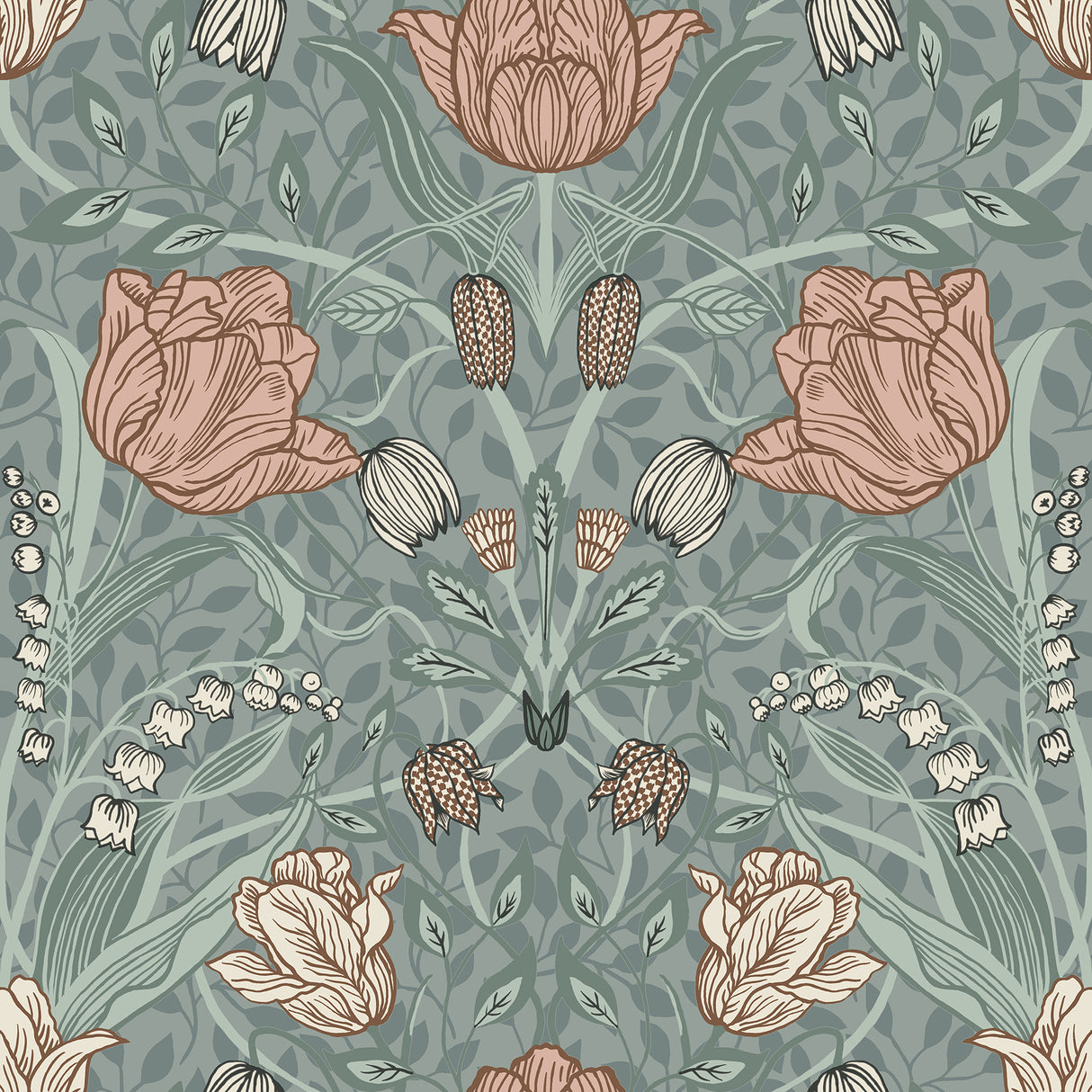 Tulipa Sage Floral Wallpaper by A-Street Prints - MD33010 - Scandinavian Botanical Vintage Tulip Pattern in Sage Green with Pink and Rust Flowers