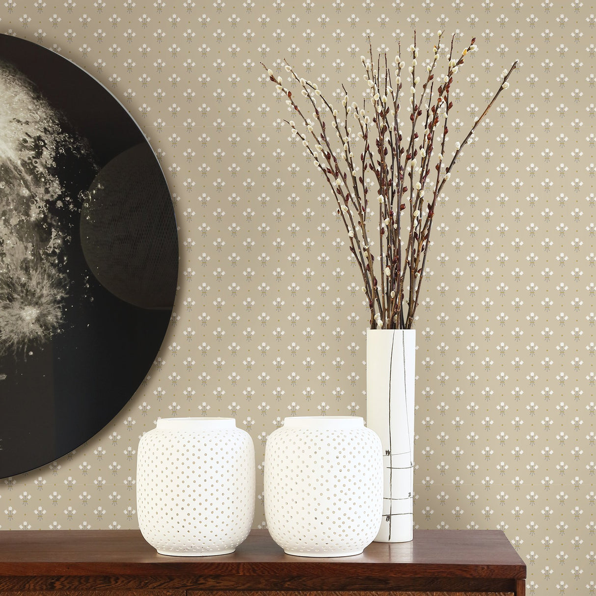Lili Beige Miniature Floral Wallpaper with Scandinavian Tulip Motif - A-Street Prints 2948-33027