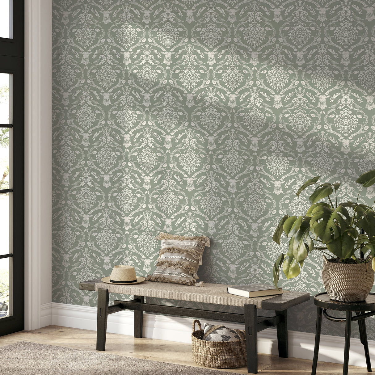Wickham Green by Arthouse Stag Damask Wallpaper – Brewster Home Fashions AH923706