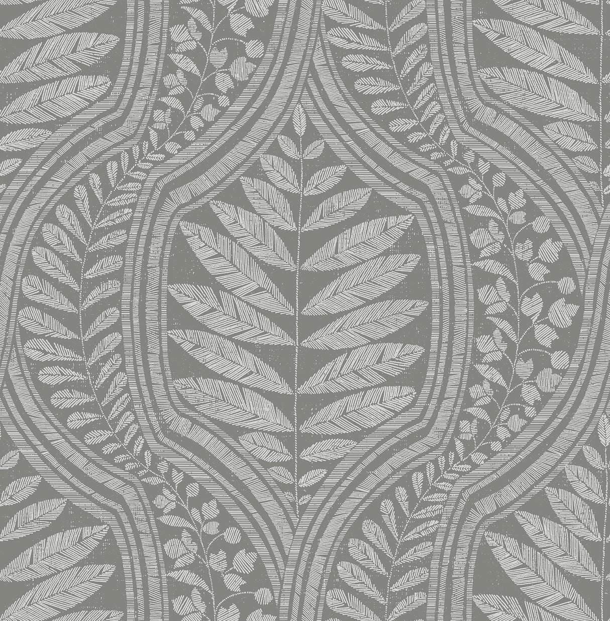 Juno Dark Grey Ogee Wallpaper with Botanical Leaf Ogee - A-Street Prints 2964-25951