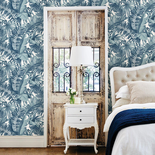 Alfresco Blue Tropical Palm Wallpaper with Botanical Leaf Motif, Tropical Style - A?Street Prints 2969-24133