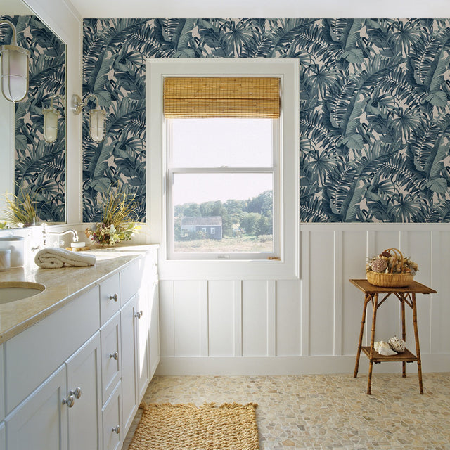 Alfresco Blue Tropical Palm Wallpaper with Botanical Leaf Motif, Tropical Style - A?Street Prints 2969-24133