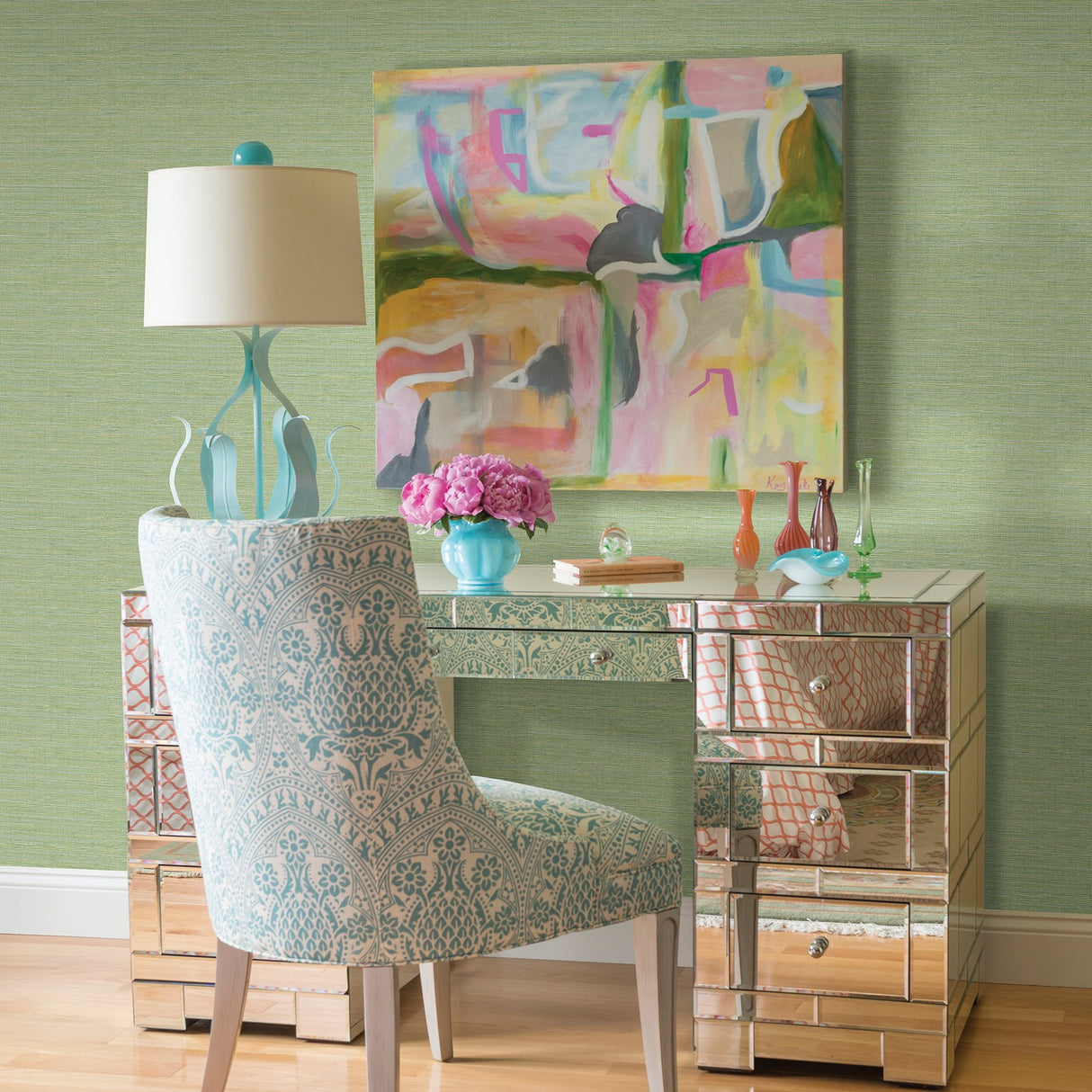Agave Green Imitation Grasscloth Wallpaper with Raised Ink Texture - A-Street Prints 2969-24284
