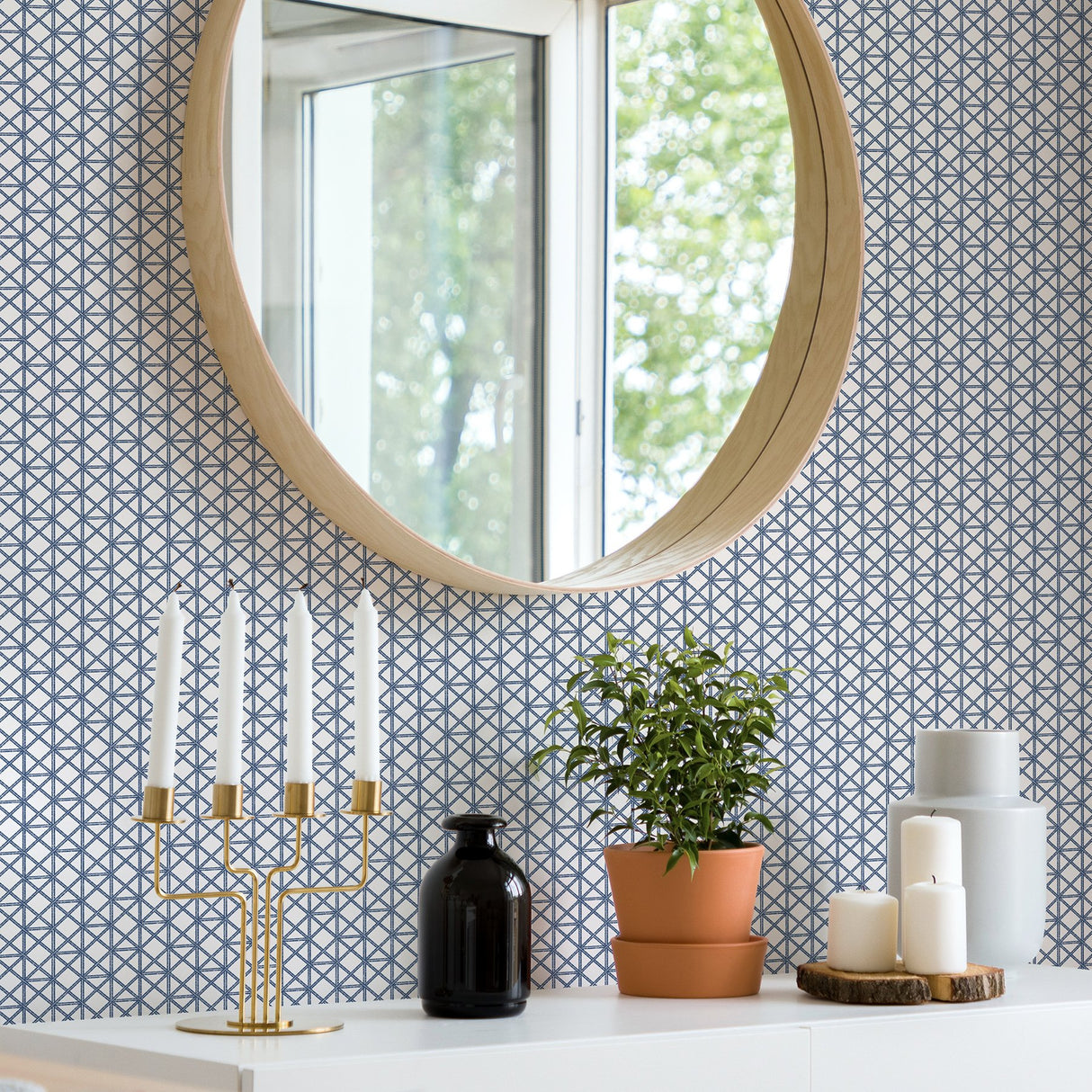 Lisbeth Blue Geometric Lattice Wallpaper with Coastal Graphic Trellis - A-Street Prints 2969-26005
