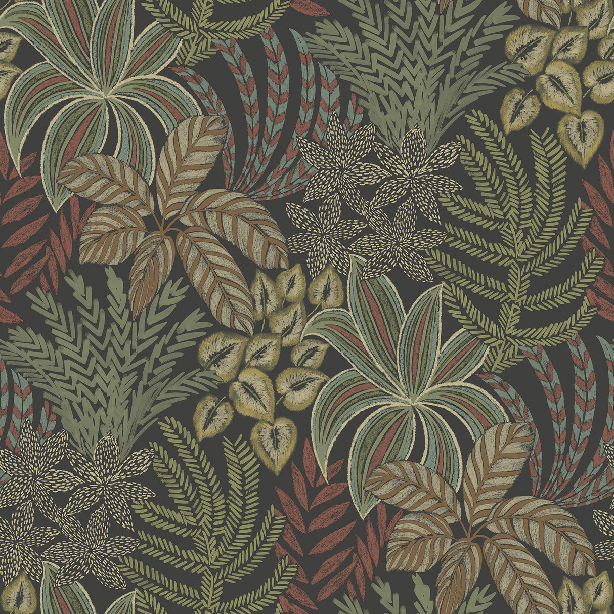 Sumner Black Woodland Botanical Wallpaper with Bohemian Botanical Motif - A-Street Prints 2970-13902