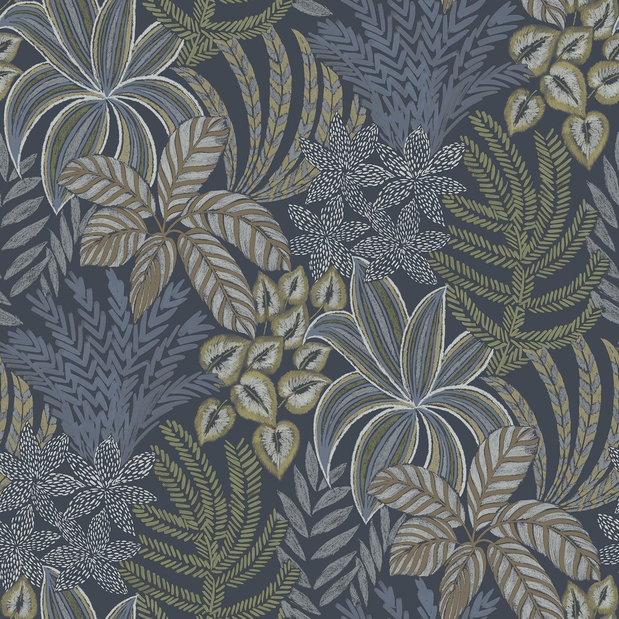 Sumner Navy Woodland Botanical Wallpaper with Bohemian Non Woven Pattern - A-Street Prints 2970-13904