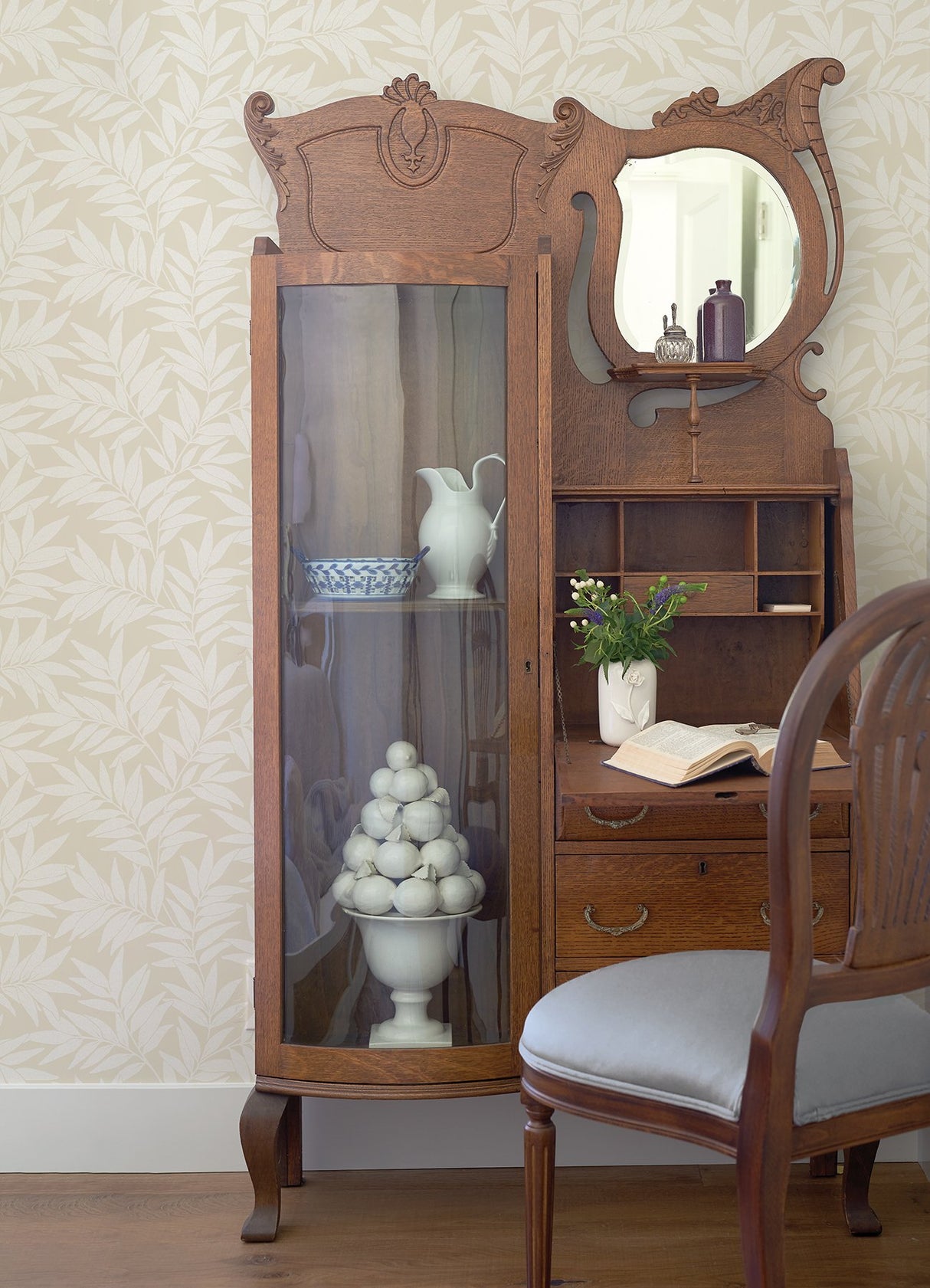 Morris Taupe Leaf Wallpaper with Raised Ink Botanical Pattern - Brewster 2970-26125