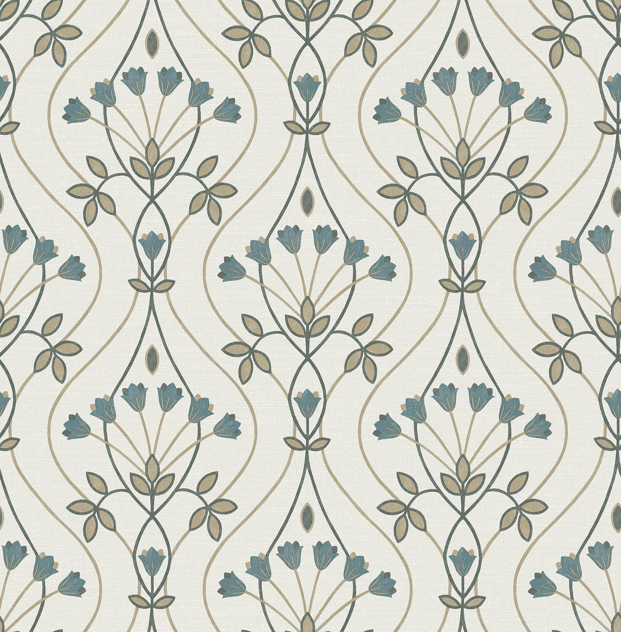 Dard Teal Tulip Ogee Wallpaper with Retro Botanical Flowers - A?Street Prints 2970-26145