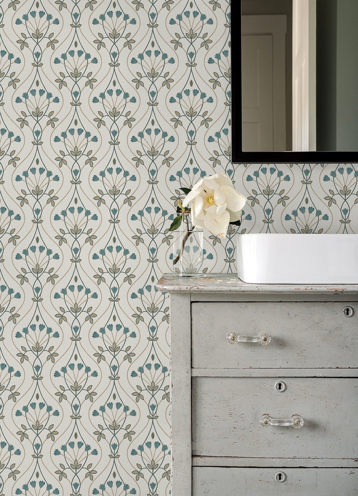 Dard Teal Tulip Ogee Wallpaper with Retro Botanical Flowers - A?Street Prints 2970-26145